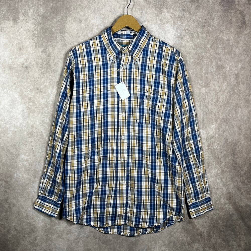 Cast Away Nantucket Island Chase‎ Shirt Mens Small Blue Tan Plaid Button NEW